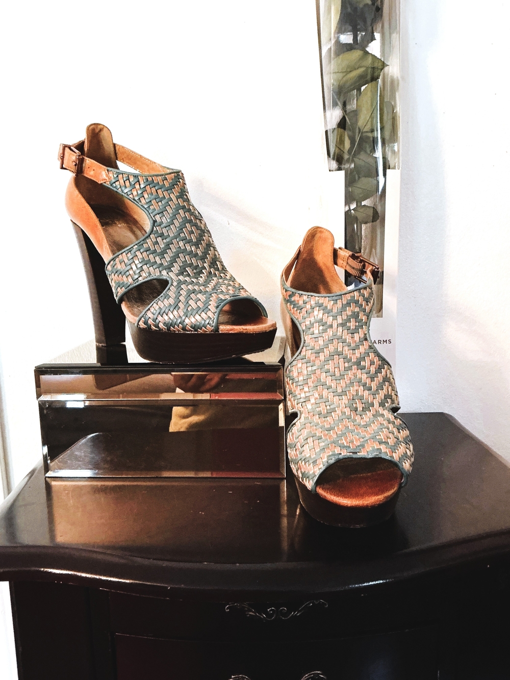 Elliott Lucca Woven Teal and Tan Cutout Peep-Toe Heels